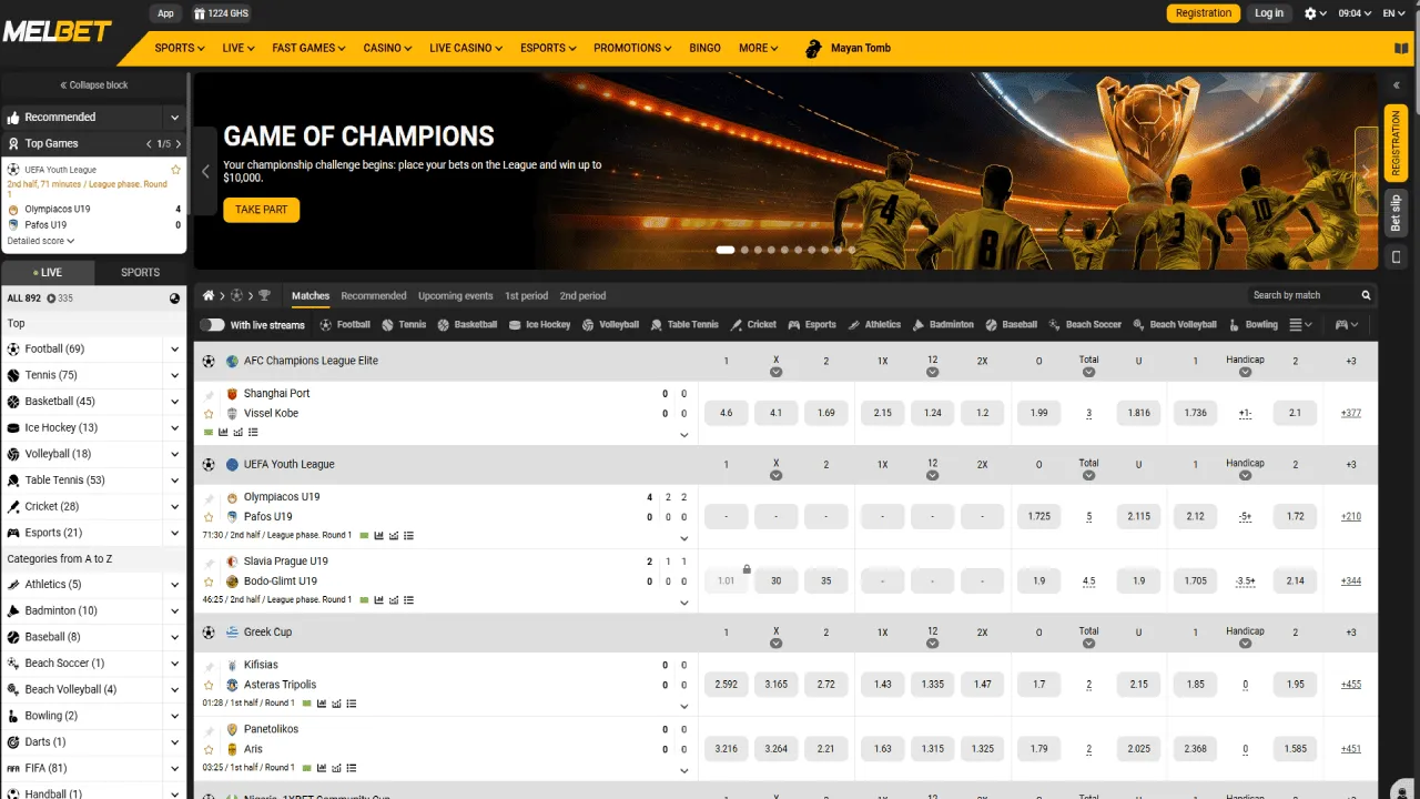 Melbet Ghana sports betting platform with live football odds and Game of Champions promotion.