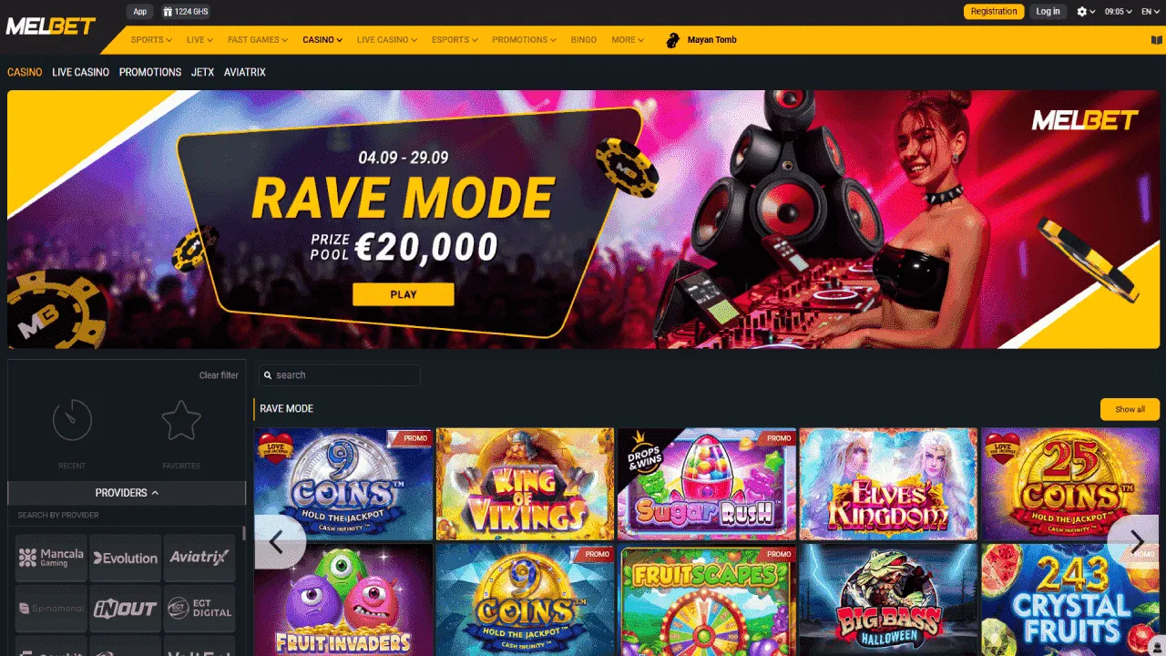 Melbet Ghana casino section with slots, promotions, and €20,000 prize pool event Rave Mode.