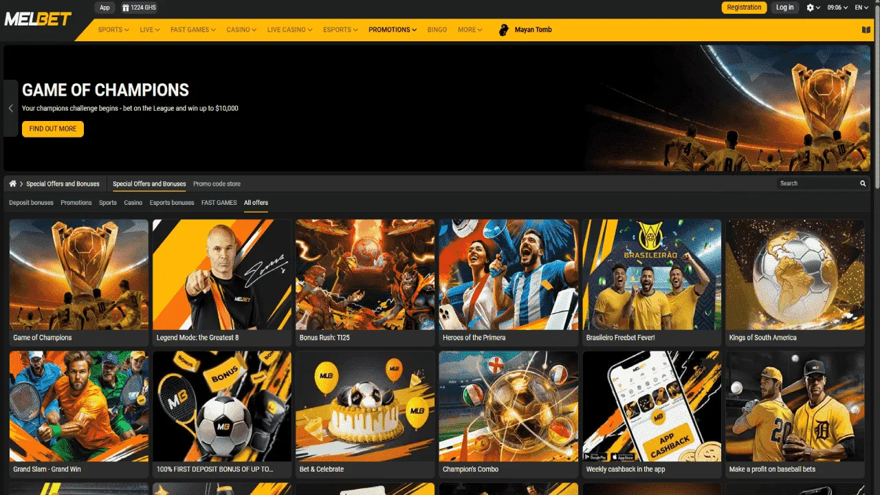 Melbet Ghana promotions with Game of Champions, freebet offers, and welcome bonus up to 100%.