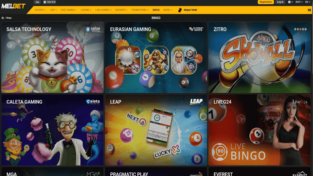 Melbet Ghana bingo section with live bingo and top providers like Salsa, Leap, and Pragmatic Play.