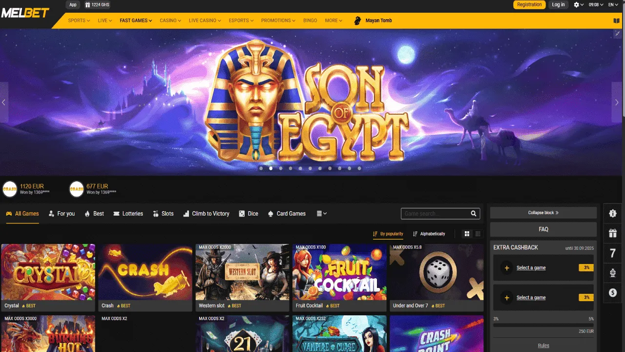 Melbet Ghana fast games section featuring Son of Egypt and popular instant win games.