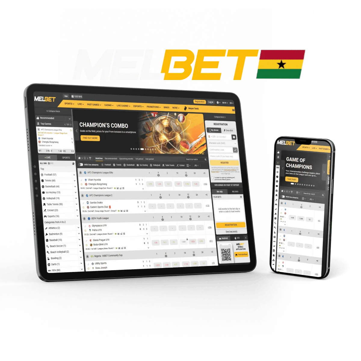 Melbet Ghaana sports betting site with live football odds, casino games, and fast registration options