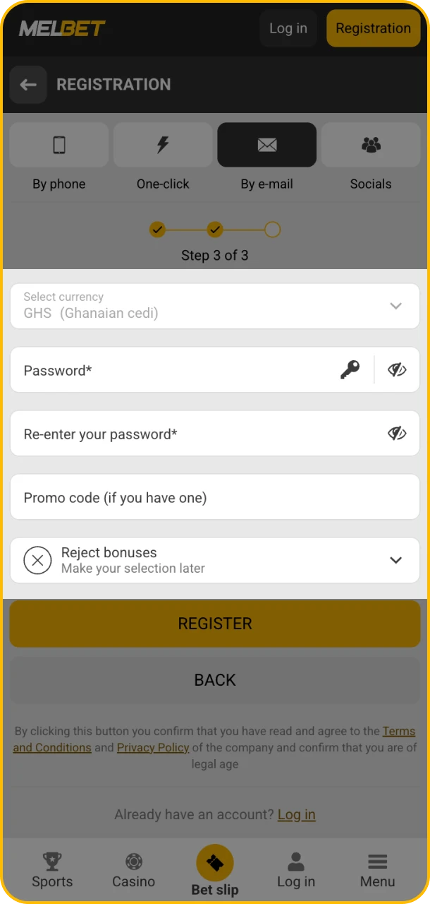Complete personal details and start at Melbet.