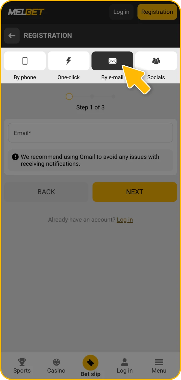Select your Melbet registration method and join now.