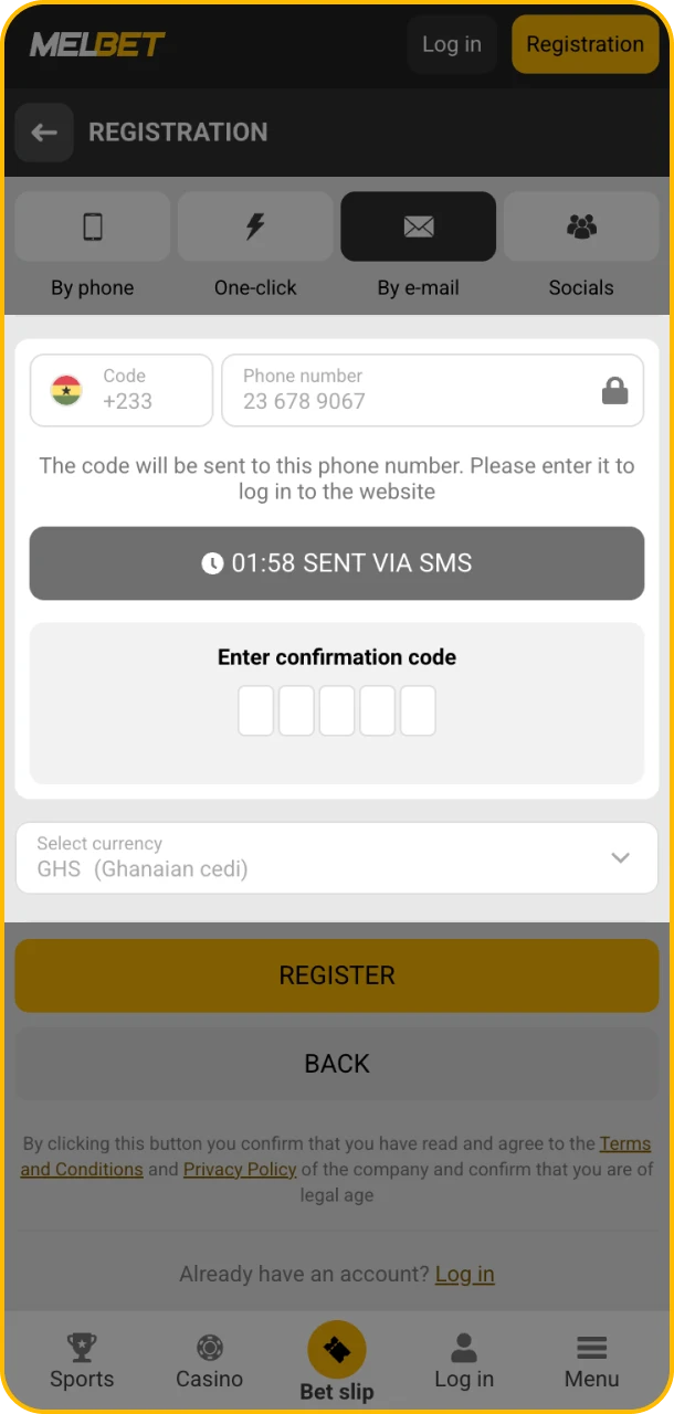 Confirm registration in the Melbet app.