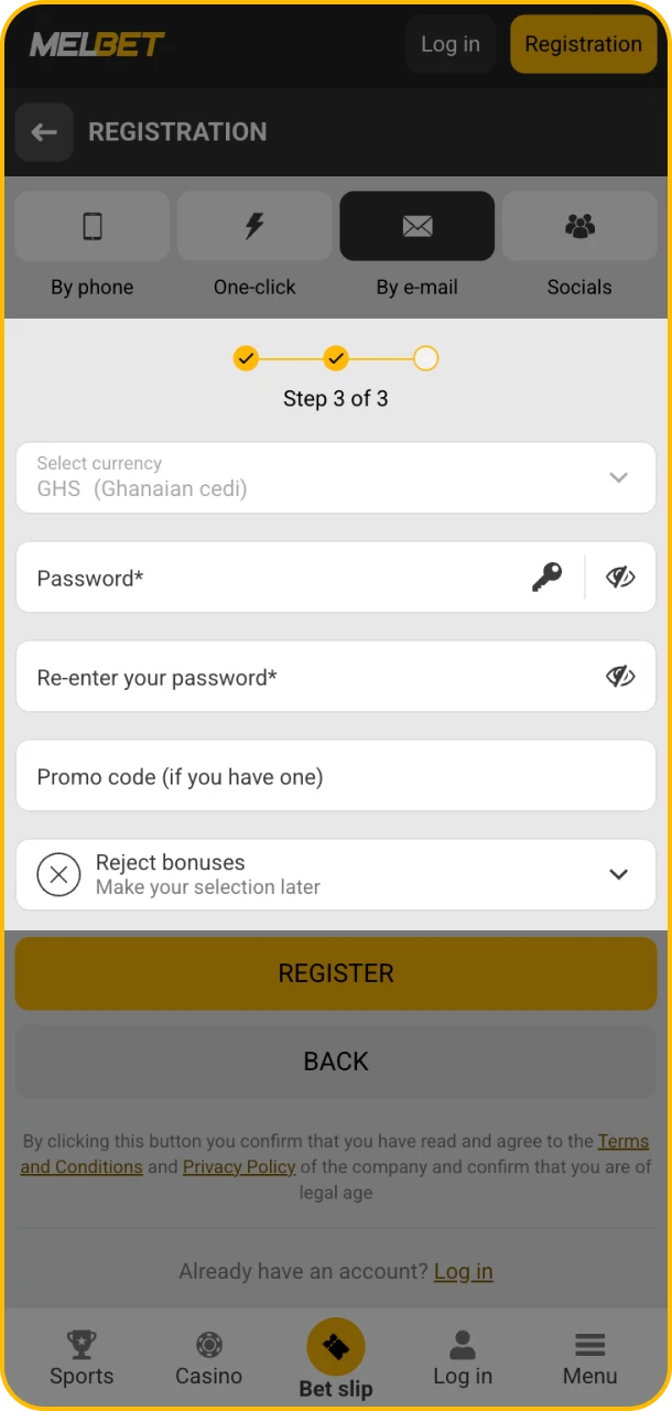 Enter your details and register on Melbet.