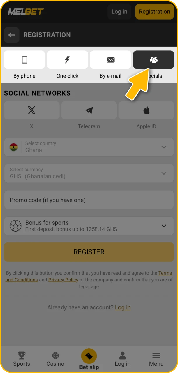 Select registration method and join Melbet.