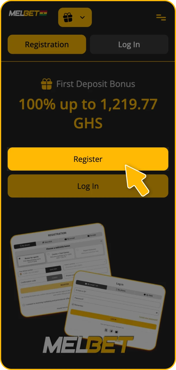 Press sign up and register at Melbet.