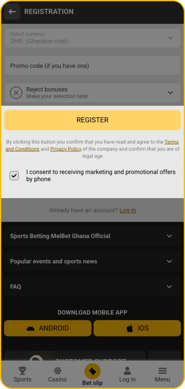 Finish signing up and start gaming on Melbet.