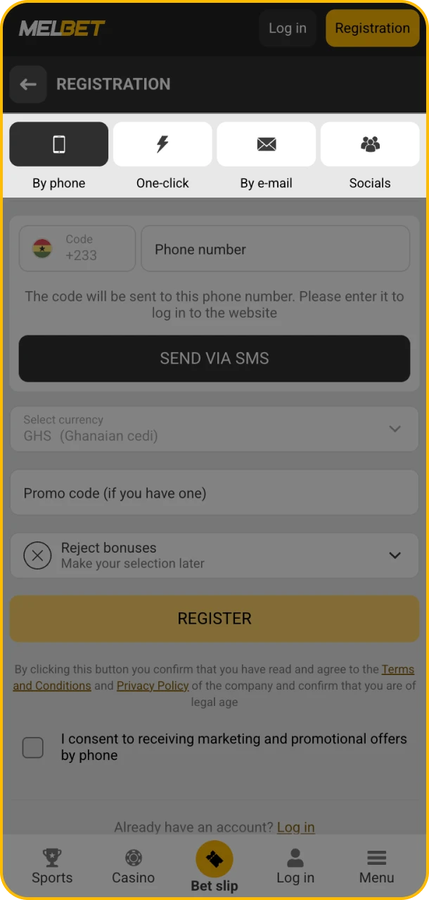 Choose how to sign up on Melbet.