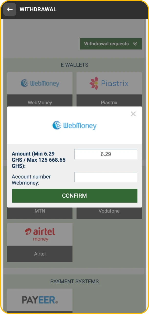 Enter withdrawal amount and confirm on Melbet.