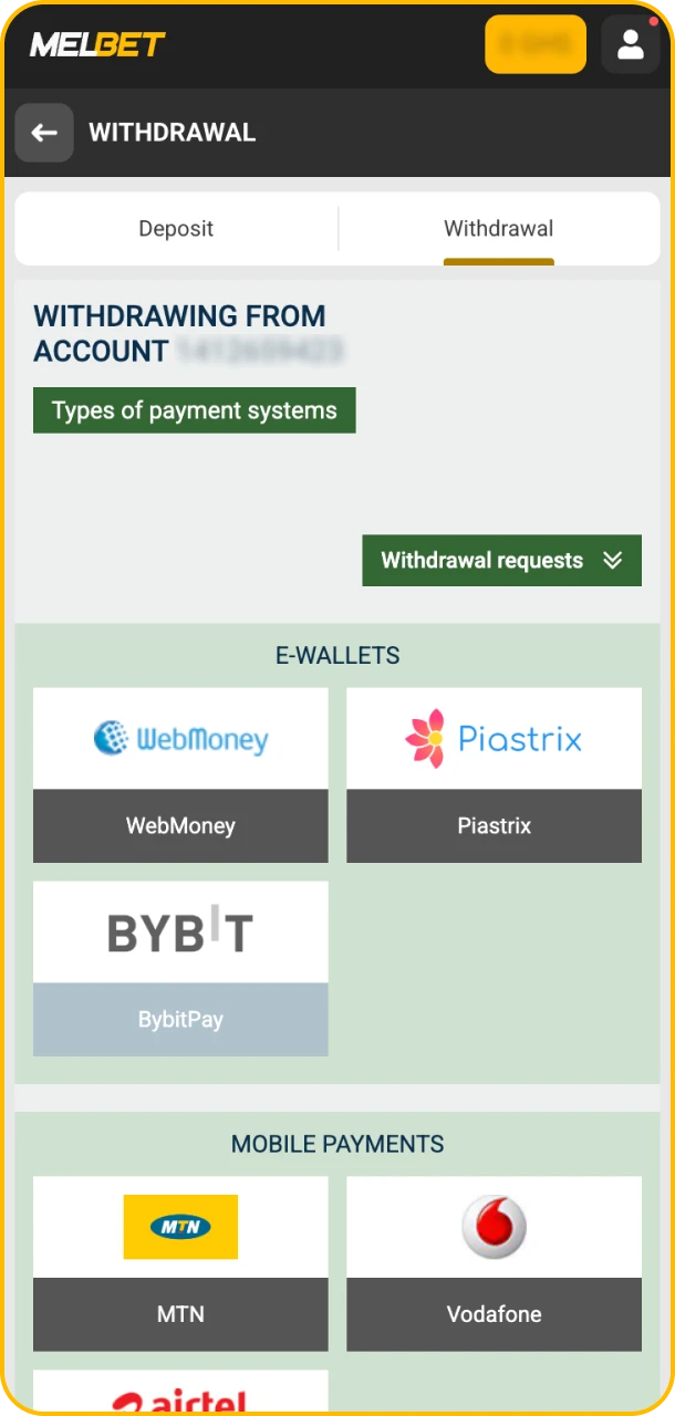 Go to withdrawal section and cash out on Melbet.
