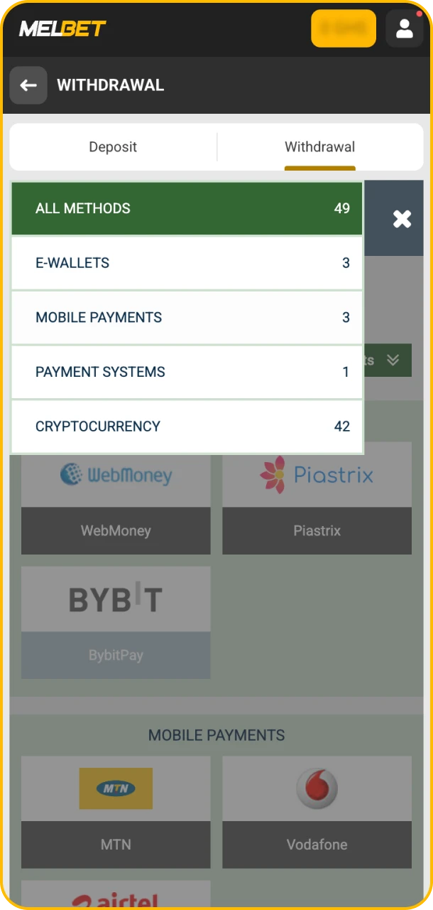 Choose withdrawal method and get funds on Melbet.