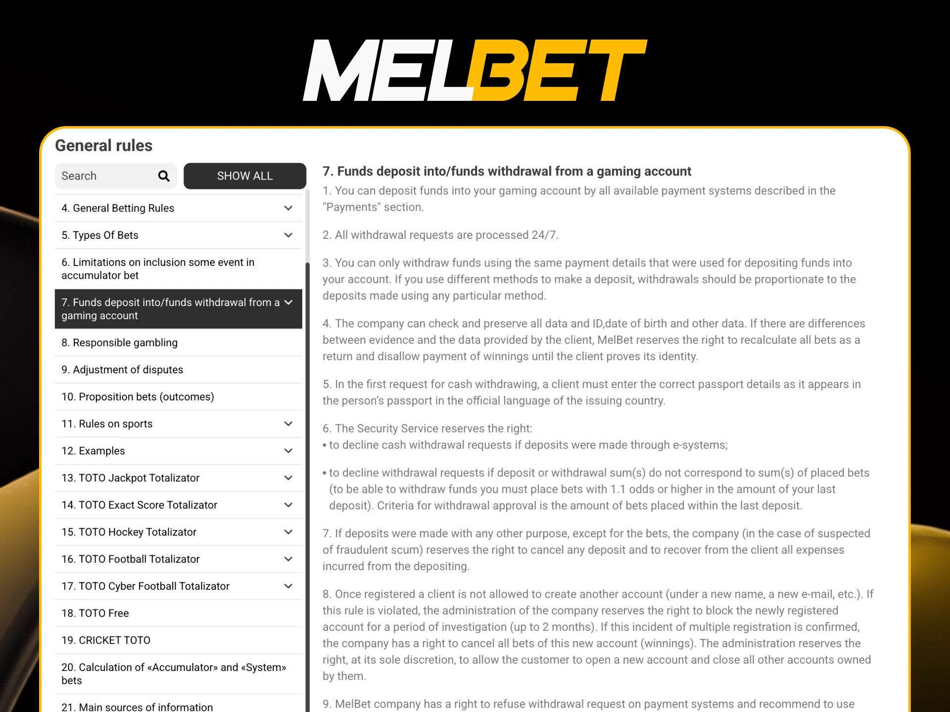 Learn withdrawal rules and play safe on Melbet.