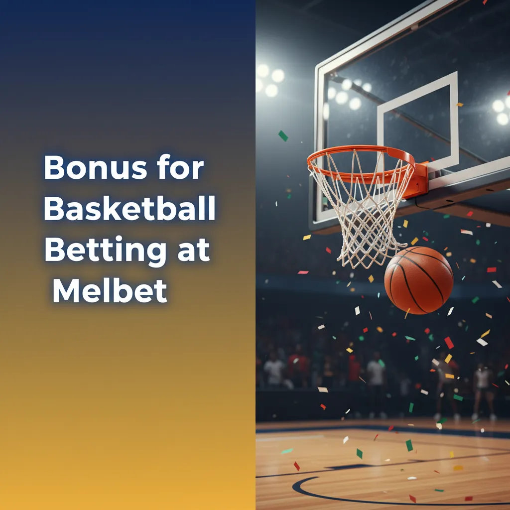 Melbet promo banner for basketball betting: 100% first deposit bonus; accumulator and wagering terms apply.